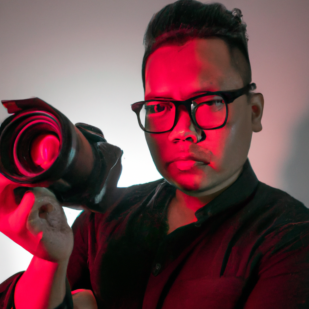 Fotógrafo principal chileno sosteniendo cámara en estudio con luz suave